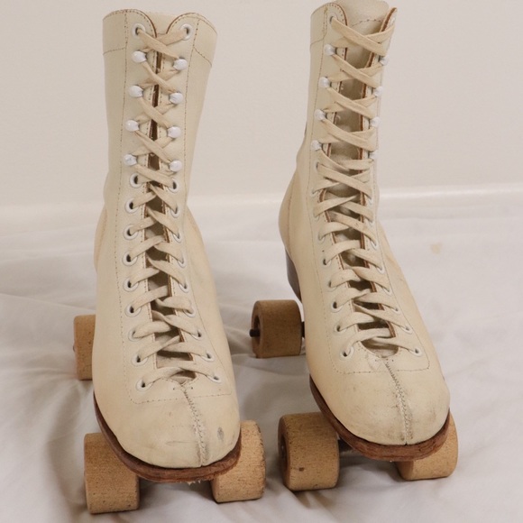 Vintage Chicago Roller Skates: 1914 Patented Wooden Wheel  Vintage Chicago Wooden Wheel White Leather Roller Skates